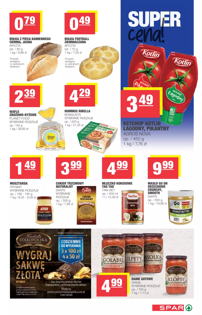 Gazetka promocyjna Spar - Spar - ważna 09.06 do 15.06.2021 - strona 5 - produkty: Bell, Bella, Bułka, Cukier, Cukier trzcinowy, Danie gotowe, Gra, Graal, Hummus, Kokos, Masło, Mleczko, Mus, Musztarda, Piec, Prymat, Ryż, Sante, Wafle