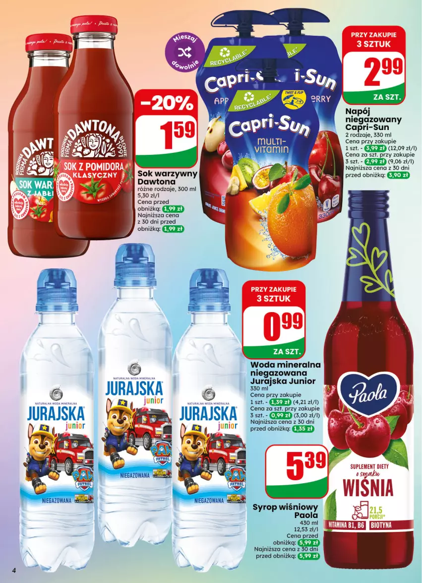 Gazetka promocyjna Dino - Gazetka 40 / 2026 - ważna 30.09 do 06.10.2026 - strona 4 - produkty: Dawtona, Napój, Paola, Sok, Syrop, Woda, Woda mineralna
