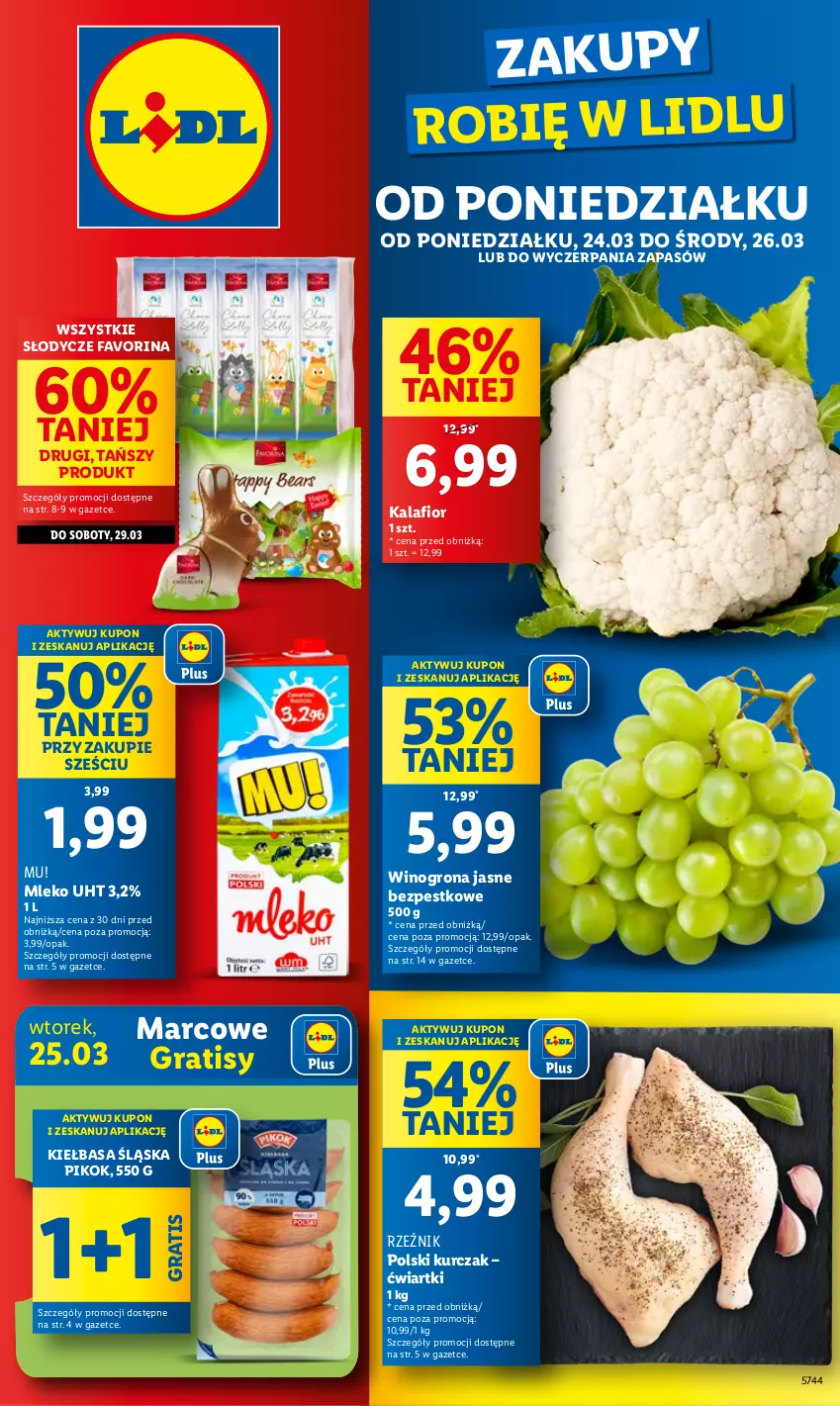 Gazetka promocyjna Lidl - GAZETKA - ważna 24.03 do 26.03.2025 - strona 1 - produkty: Fa, Gra, Kalafior, Kiełbasa, Kiełbasa śląska, Kurczak, Mleko, PIKOK, Wino, Winogrona