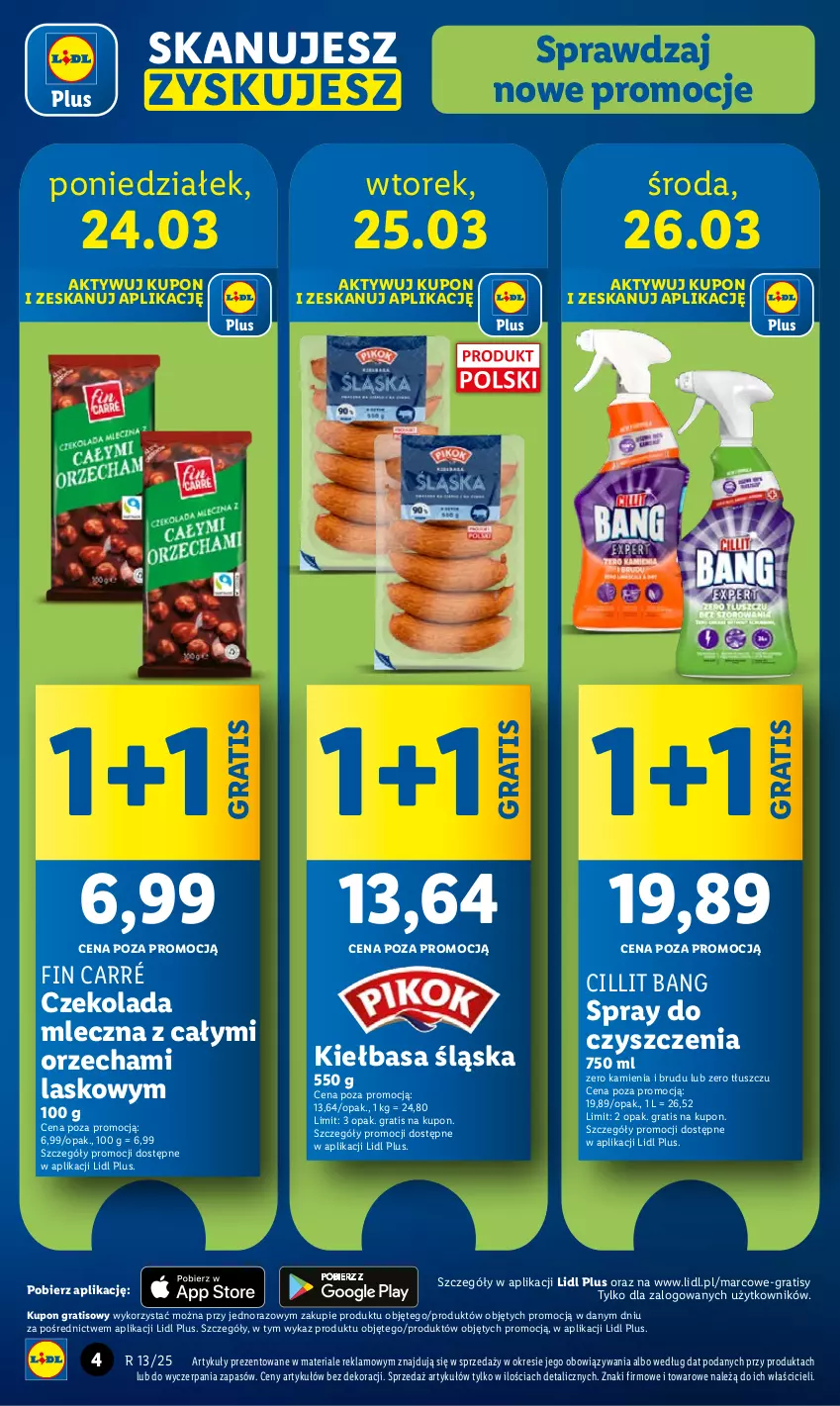 Gazetka promocyjna Lidl - GAZETKA - ważna 24.03 do 26.03.2025 - strona 4 - produkty: Cillit Bang, Czekolada, Czekolada mleczna, Gra, Kiełbasa, Kiełbasa śląska, Spray do czyszczenia