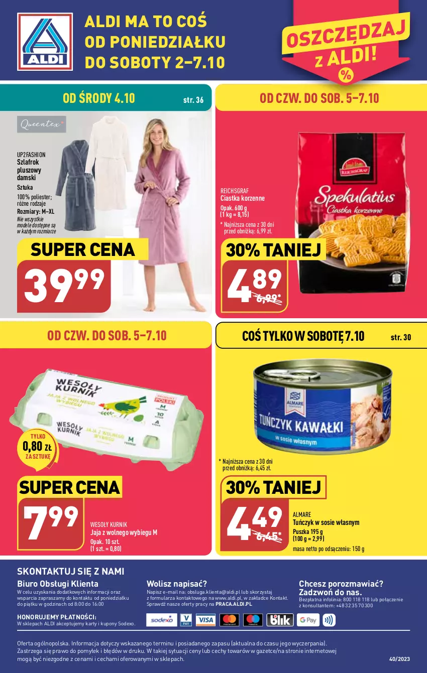 Gazetka promocyjna Aldi - Pełna oferta - ważna 02.10 do 07.10.2023 - strona 44 - produkty: Biuro, Ciastka, Fa, Gra, Jaja, Jaja z wolnego wybiegu, O nas, Por, Reichsgraf, Sos, Szlafrok, Tuńczyk