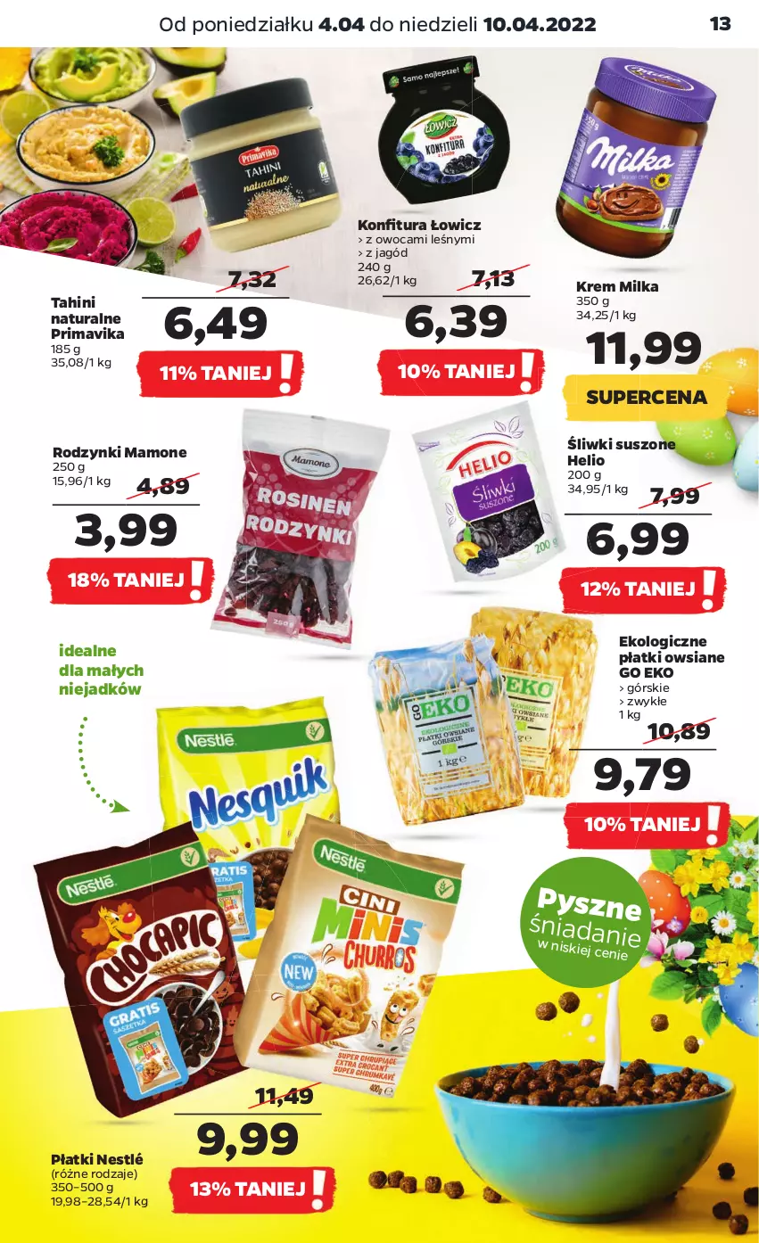 Gazetka promocyjna Netto - Gazetka spożywcza - ważna 04.04 do 10.04.2022 - strona 13 - produkty: Helio, Konfitura, Milka, Nestlé, Płatki owsiane, Prima, Primavika, Rodzynki