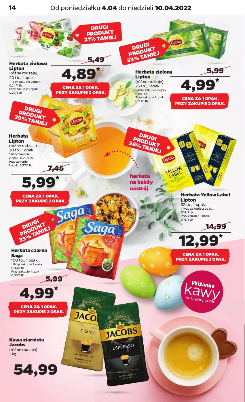 Gazetka promocyjna Netto - Gazetka spożywcza - ważna 04.04 do 10.04.2022 - strona 14 - produkty: Herbata, Herbata czarna, Jacobs, Kawa, Kawa ziarnista, Lipton, Saga