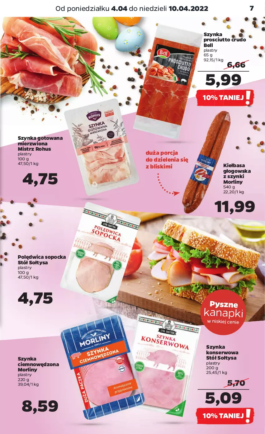 Gazetka promocyjna Netto - Gazetka spożywcza - ważna 04.04 do 10.04.2022 - strona 7 - produkty: Bell, Kiełbasa, Kiełbasa głogowska, Morliny, Polędwica, Por, Prosciutto, Ser, Stół, Szynka, Szynka konserwowa