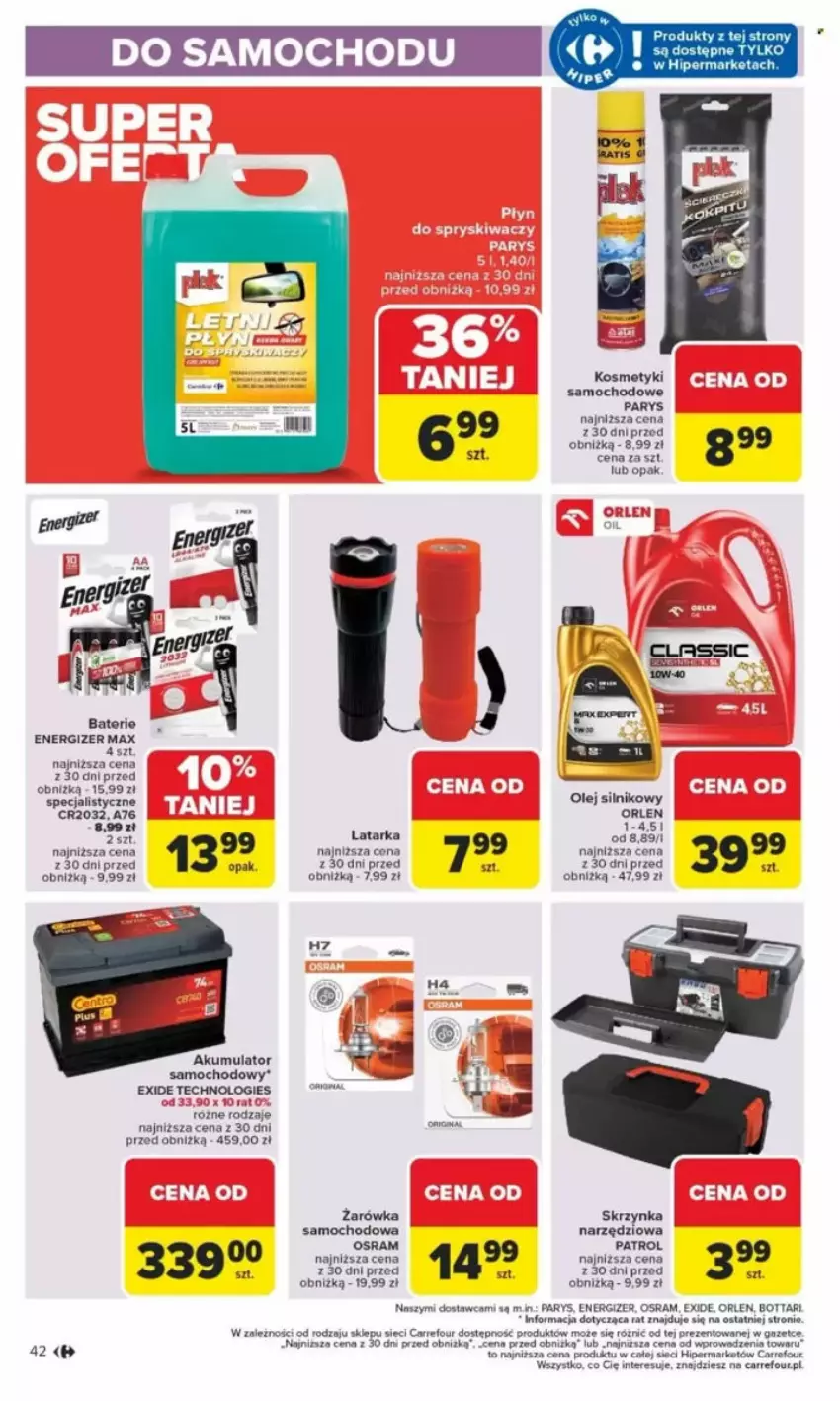 Gazetka promocyjna Carrefour - ważna 26.05 do 31.05.2025 - strona 107 - produkty: Akumulator, Energizer, Latarka, Olej, Olej silnikowy, Skrzynka narzędziowa, Tarka