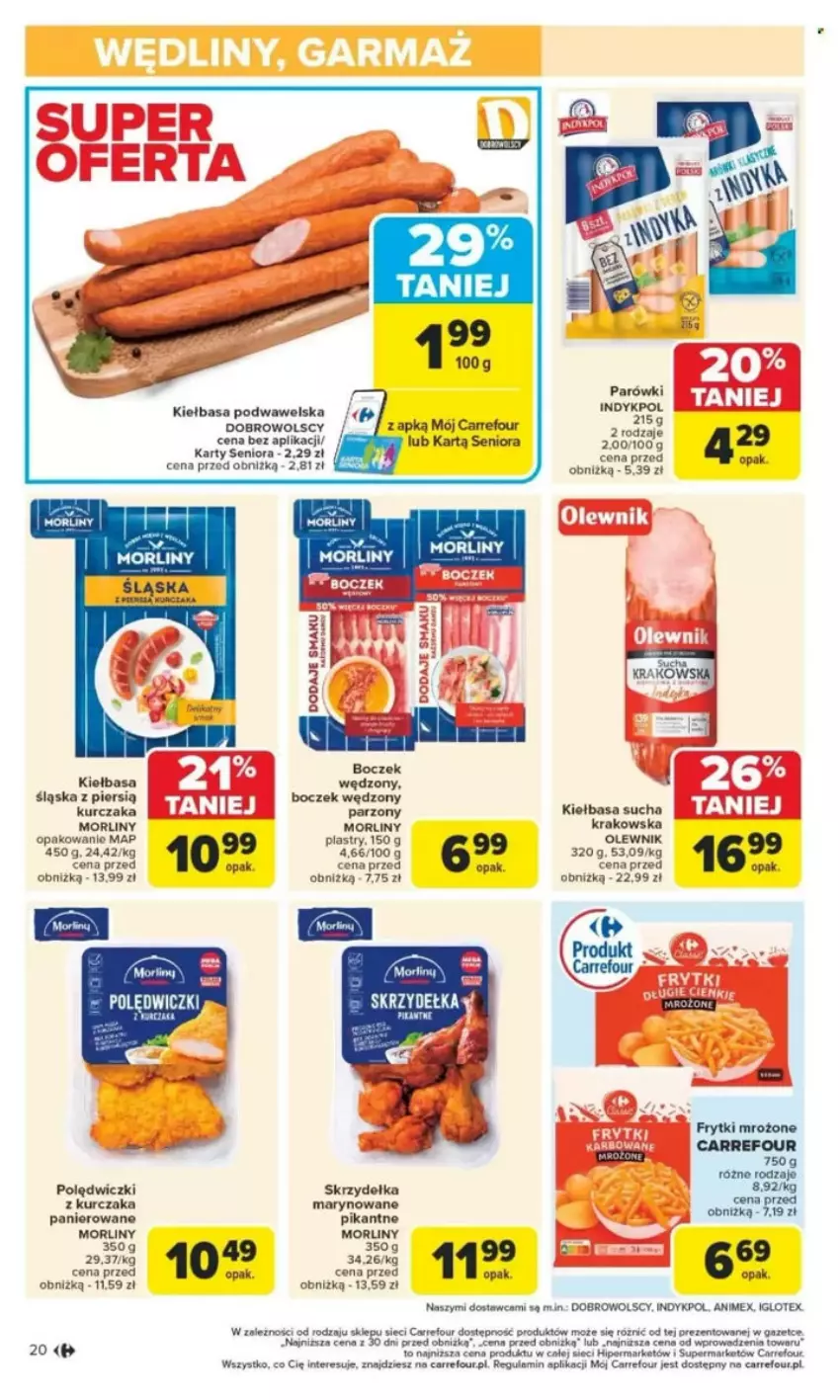 Gazetka promocyjna Carrefour - ważna 26.05 do 31.05.2025 - strona 24 - produkty: Boczek, Fa, Frytki, Kiełbasa, Kiełbasa podwawelska, Koc, Kurczak, Morliny, Olewnik, Parówki, Polędwiczki z kurczaka, Szal, Wawel
