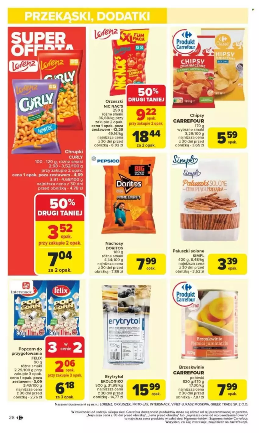 Gazetka promocyjna Carrefour - ważna 26.05 do 31.05.2025 - strona 33 - produkty: Brzoskwinie, Chipsy, Chrupki, Fa, Felix, LG, Lorenz, Orzeszki, Pepsi, Por