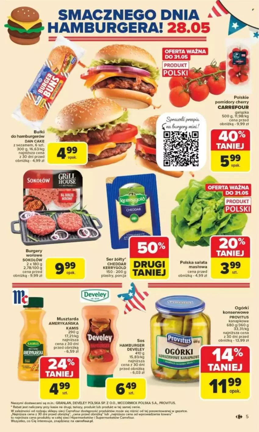 Gazetka promocyjna Carrefour - ważna 26.05 do 31.05.2025 - strona 76 - produkty: Burger, Cheddar, Dan Cake, Gra, Grill, Hamburger, Kamis, Masło, Mus, Musztarda, Pomidory, Por, Sałat, Ser, Sok, Sokołów