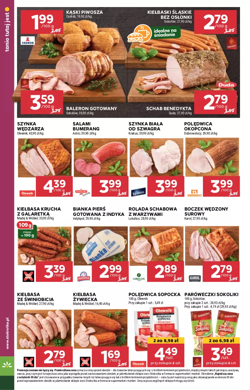 Gazetka promocyjna Stokrotka - Supermarket - ważna 05.09 do 11.09.2024 - strona 10 - produkty: Bianka, BIC, Boczek, Bumerang, Duda, Gala, Gra, Kiełbasa, Kiełbasa krucha, Kiełbaski śląskie, Krakus, Mięso, Olewnik, Owoce, Piwo, Polędwica, Rolada, Salami, Schab Benedykta, Sok, Sokołów, Szynka, Szynka biała, Warzywa