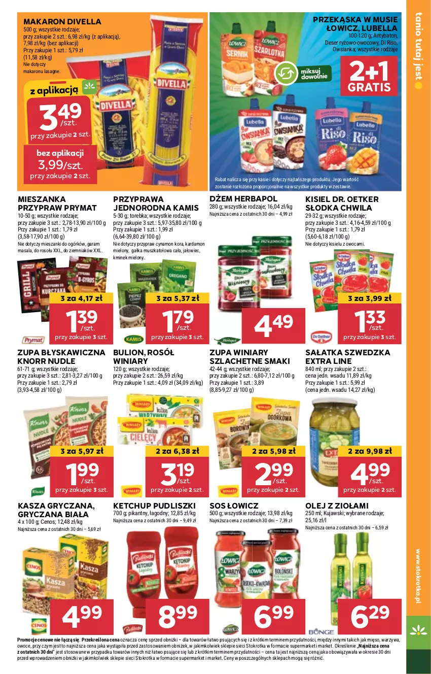 Gazetka promocyjna Stokrotka - Supermarket - ważna 05.09 do 11.09.2024 - strona 17 - produkty: Baton, Bell, Bella, Bulion, Cenos, Deser, Dr. Oetker, Dżem, Gałka, Gra, Gry, Herbapol, Kamis, Kasza, Kasza gryczana, Ketchup, Kisiel, Kminek, Knorr, Kujawski, Lasagne, Lion, Lubella, Makaron, Mięso, Mus, Olej, Owoce, Owsianka, Por, Prymat, Pudliszki, Rosół, Ryż, Sałat, Sałatka, Ser, Słodka Chwila, Sos, Torebka, Warzywa, Winiary, Zupa