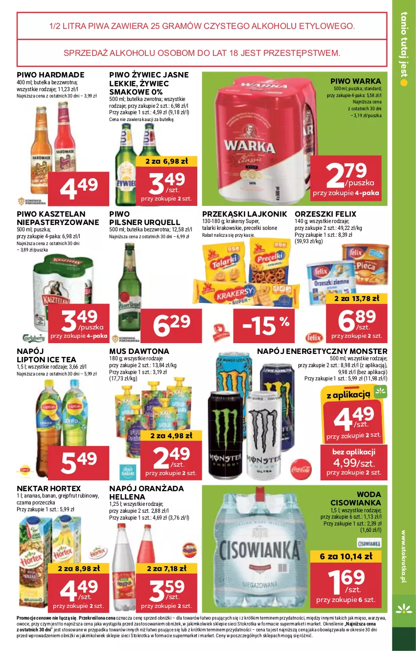 Gazetka promocyjna Stokrotka - Supermarket - ważna 05.09 do 11.09.2024 - strona 19 - produkty: Ananas, Cisowianka, Dawtona, Felix, Gra, Grejpfrut, Hellena, Hortex, Ice tea, Kasztelan, Krakersy, Lajkonik, Lipton, Mięso, Mus, Napój, Napój energetyczny, Nektar, Oranżada, Orzeszki, Owoce, Pilsner Urquell, Piwa, Piwo, Por, Precelki, Rubin, Warka, Warzywa, Woda