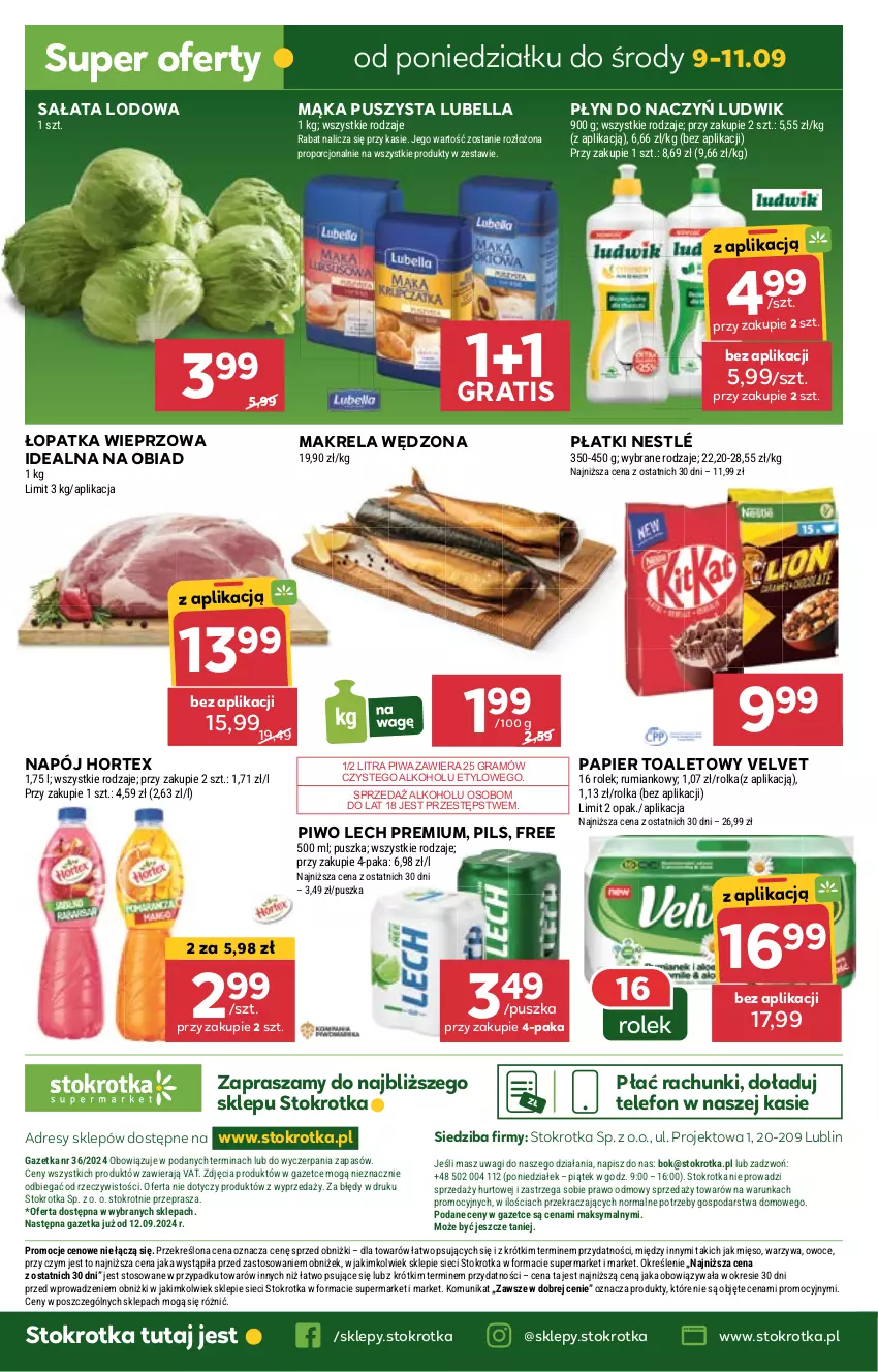 Gazetka promocyjna Stokrotka - Supermarket - ważna 05.09 do 11.09.2024 - strona 29 - produkty: Bell, Bella, Dres, Gra, Hortex, JBL, Lech Premium, Lubella, Ludwik, Mąka, Mięso, Napój, Nestlé, O nas, Owoce, Papier, Papier toaletowy, Piwa, Piwo, Por, Rum, Sałat, Sałata lodowa, Telefon, Velvet, Wagi, Warzywa