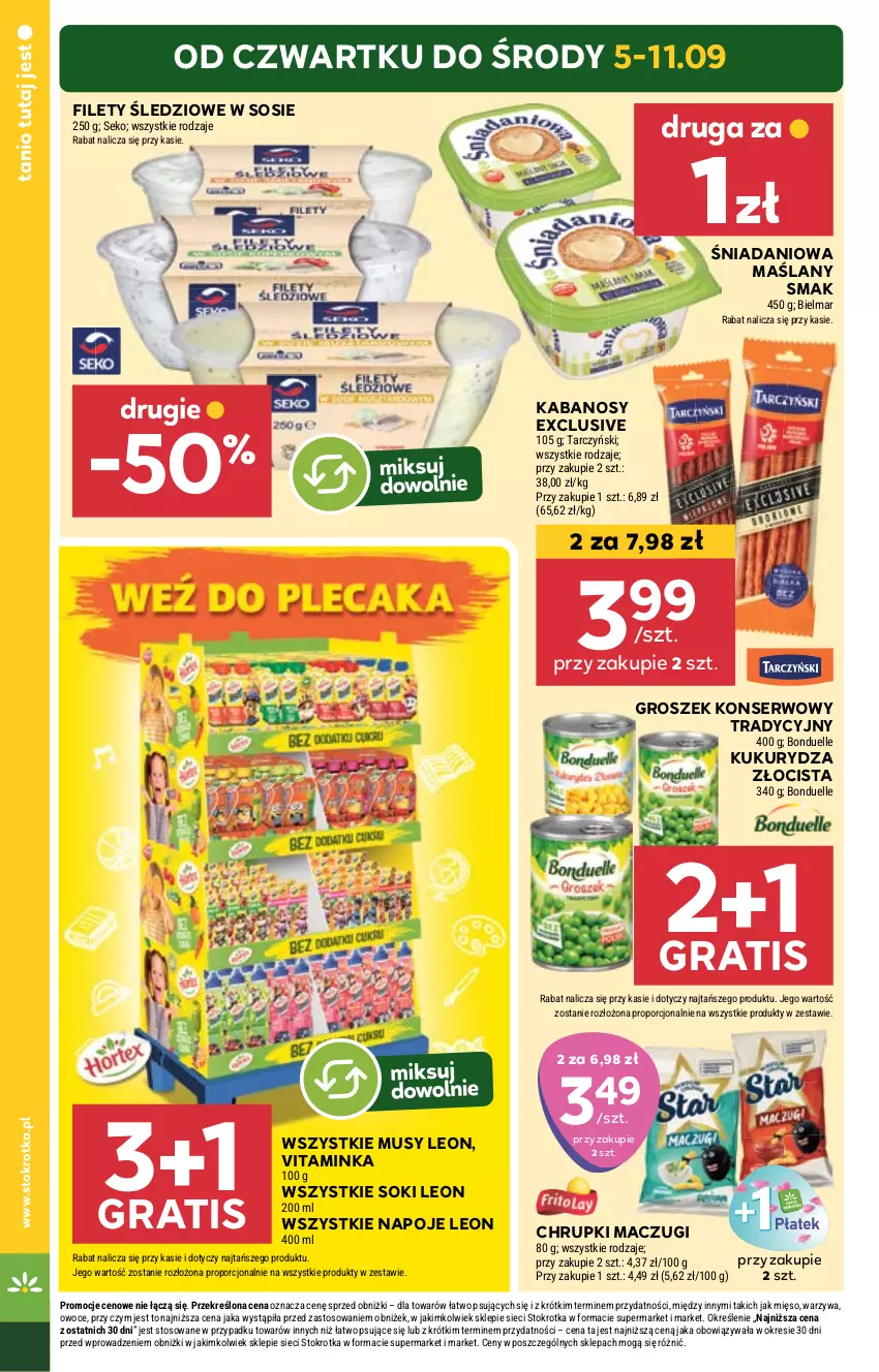 Gazetka promocyjna Stokrotka - Supermarket - ważna 05.09 do 11.09.2024 - strona 4 - produkty: Bonduelle, Chrupki, Danio, Gra, Groszek, Inka, Kabanos, Kukurydza, Leon, Mięso, Mus, Napoje, Owoce, Por, SEKO, Ser, Sok, Sos, Tarczyński, Warzywa