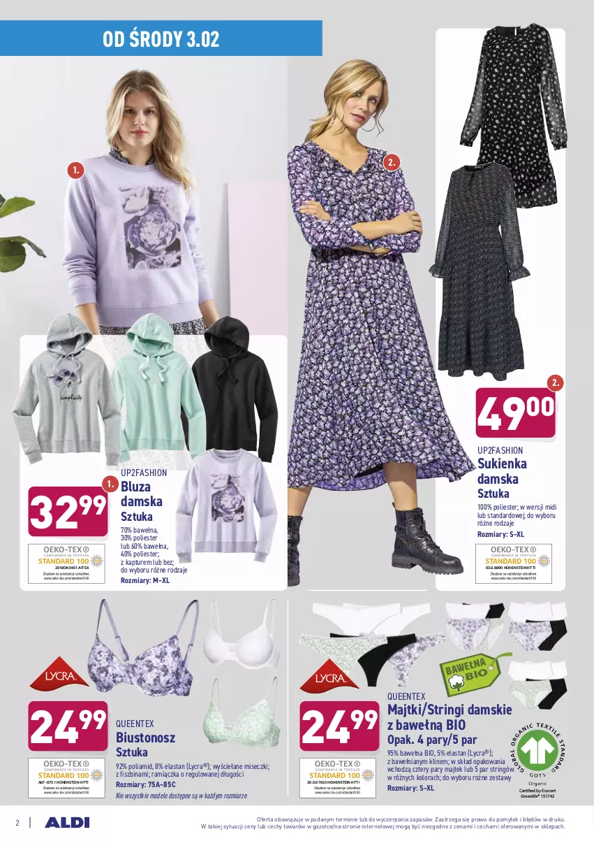 Gazetka promocyjna Aldi - Hity od Środy i Soboty - ważna 03.02 do 06.02.2021 - strona 2 - produkty: Biustonosz, Bluza, Fa, Majtki, Queentex, Stringi, Sukienka, Wełna