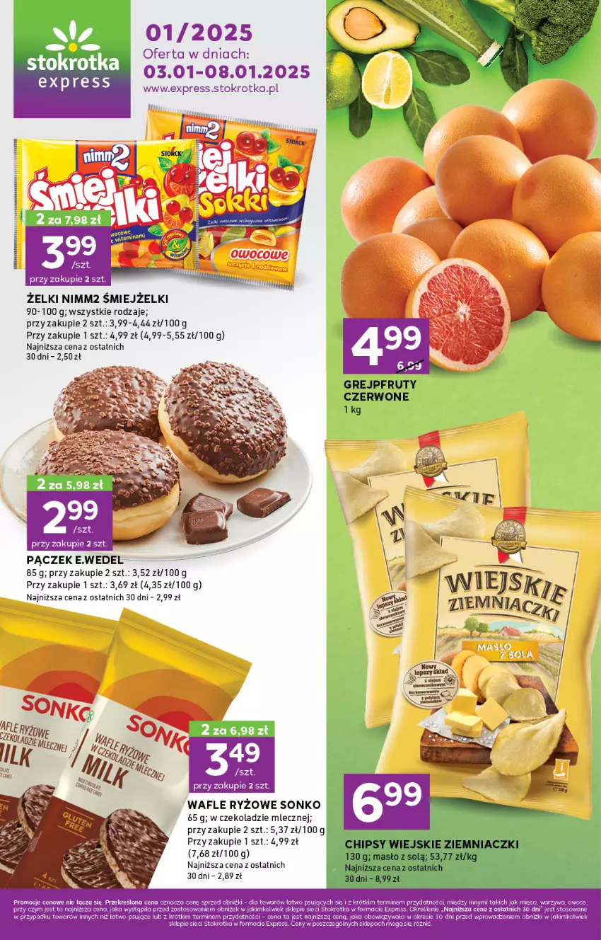 Gazetka promocyjna Stokrotka - Stokrotka Express - ważna 03.01 do 08.01.2025 - strona 1 - produkty: Chipsy, Grejpfrut, Masło, Mięso, Nimm2, Pączek, Ryż, Sonko, Wafle