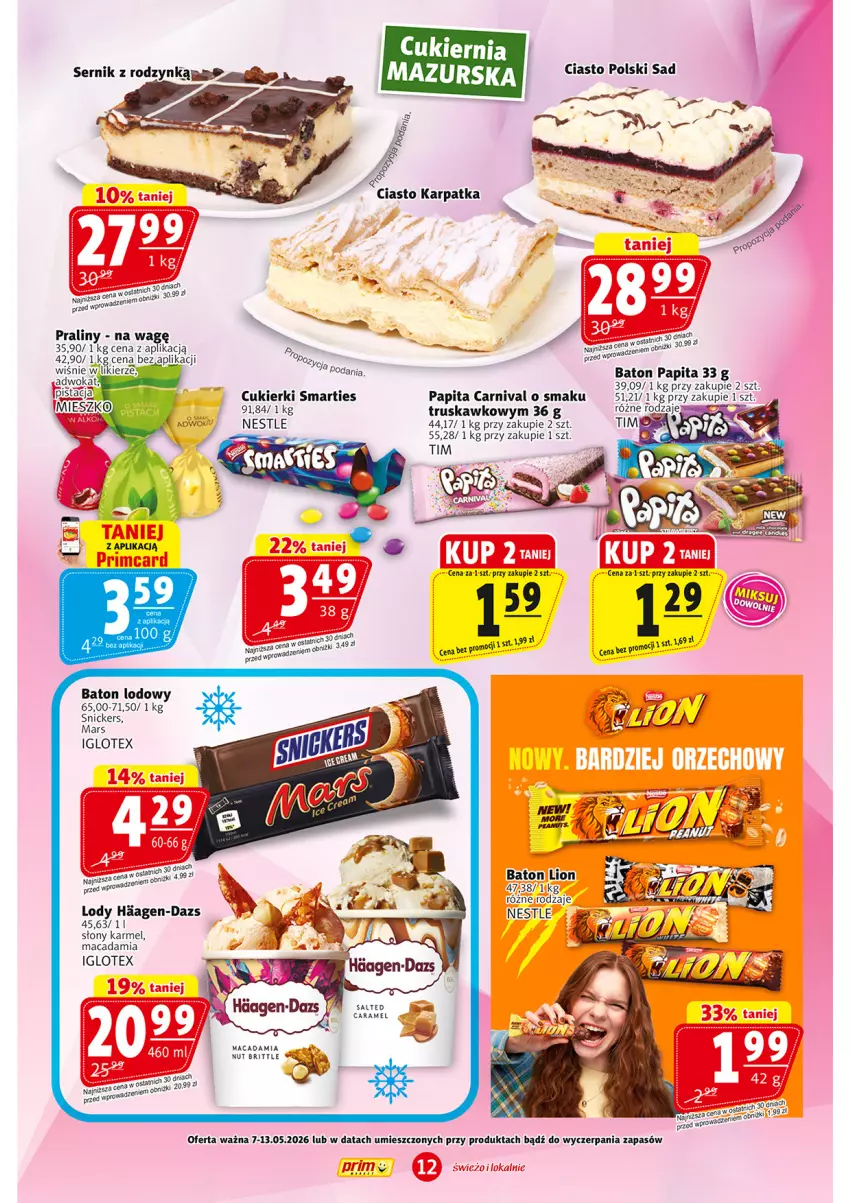Gazetka promocyjna Prim Market - ważna 07.05 do 13.05.2026 - strona 12 - produkty: Baton, Brit, Cukier, Cukierki, Likier, Lion, Lody, Mars, Praliny, Ser, Snickers