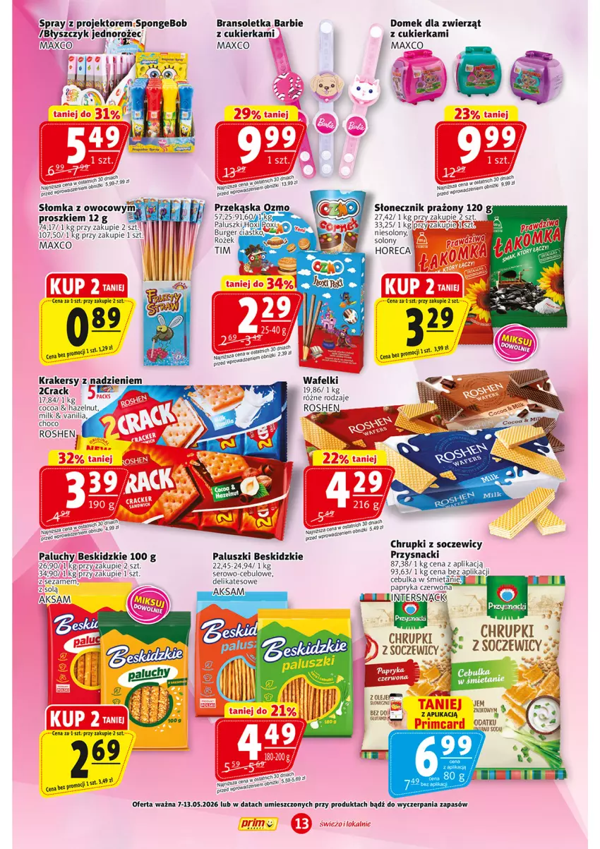 Gazetka promocyjna Prim Market - ważna 07.05 do 13.05.2026 - strona 13 - produkty: Aksam, Barbie, Beskidzki, Bransoletka, Burger, Chrupki, Cukier, Krakersy, LG, Papryka, Papryka czerwona, Przysnacki, Ser, Sezam, Słonecznik prażony