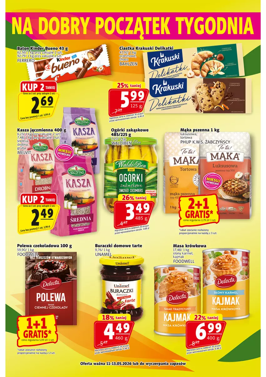 Gazetka promocyjna Prim Market - ważna 07.05 do 13.05.2026 - strona 20 - produkty: Baton, Buraczki, Ciastka, Kasza, Kasza jęczmienna, Kinder, Krakus, Krakuski, Mąka, Mąka pszenna, Masa krówkowa, Melvit, Polewa czekoladowa, Por, Pur