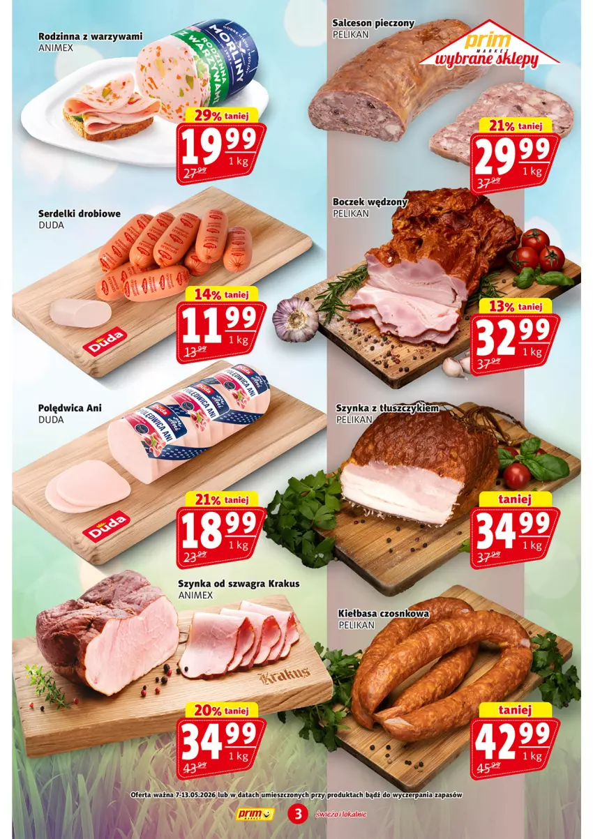 Gazetka promocyjna Prim Market - ważna 07.05 do 13.05.2026 - strona 3 - produkty: Boczek, Duda, Gra, Kiełbasa, Krakus, Polędwica, Ser, Serdelki, Szynka