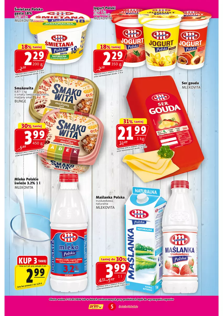 Gazetka promocyjna Prim Market - ważna 07.05 do 13.05.2026 - strona 5 - produkty: Gouda, Jogurt, Maślanka, Mleko, Mlekovita, Smakowita, Vita C
