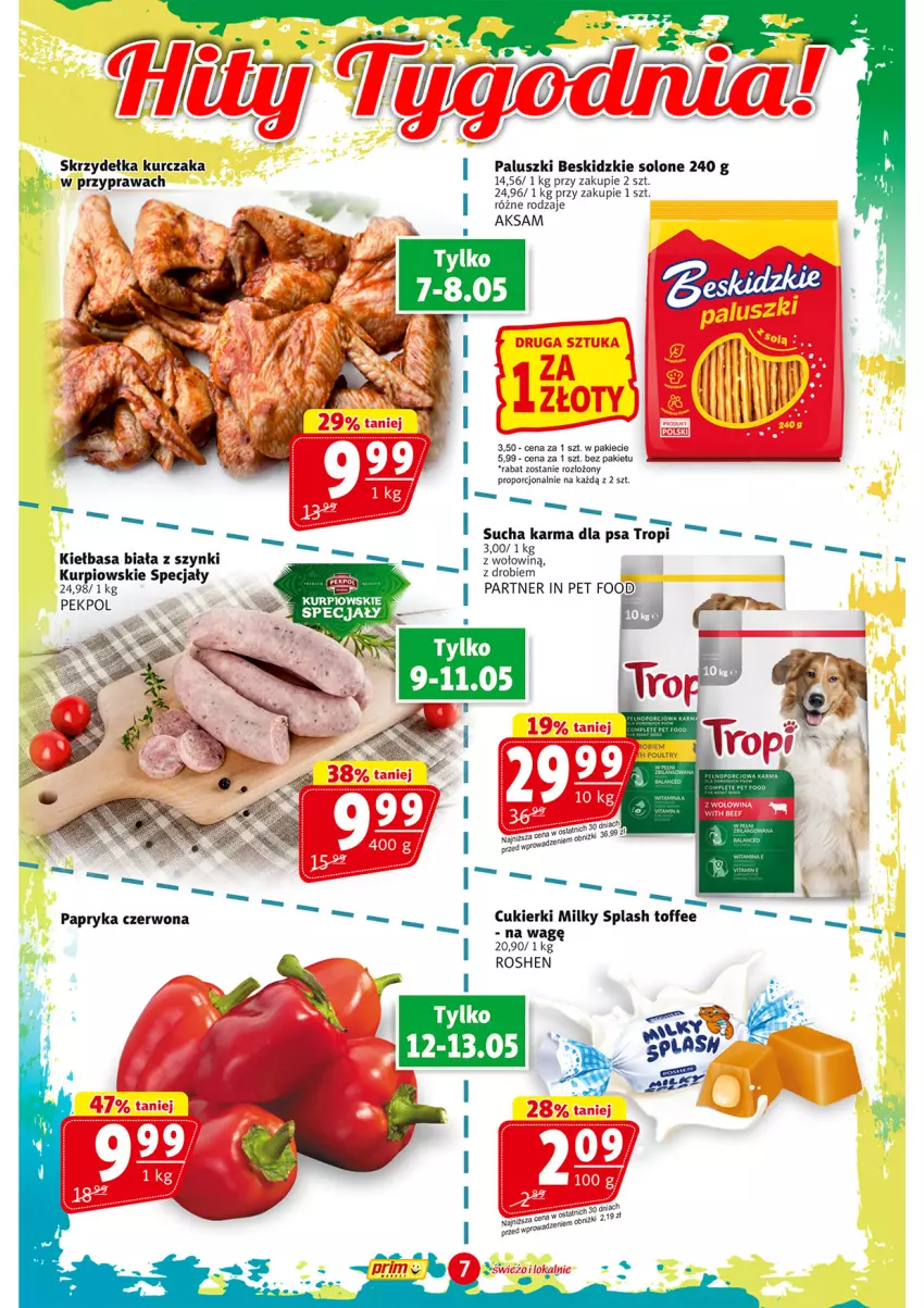 Gazetka promocyjna Prim Market - ważna 07.05 do 13.05.2026 - strona 7 - produkty: Aksam, Beskidzki, Cukier, Cukierki, Kiełbasa, Kiełbasa biała, Kurczak, Pekpol, Por, Sucha karma