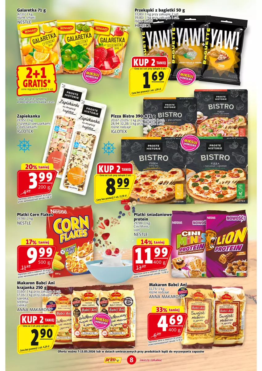 Gazetka promocyjna Prim Market - ważna 07.05 do 13.05.2026 - strona 8 - produkty: Corn flakes, Danio, Gala, Galaretka, Gin, Lion, Makaron, Piec, Pieczarka, Pizza, Zapiekanka