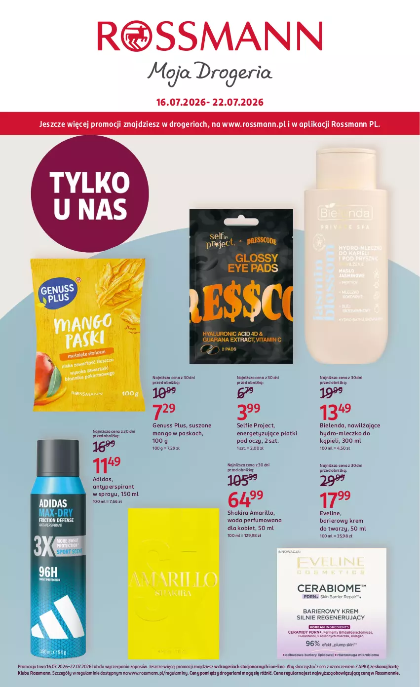 Gazetka promocyjna Rossmann - Gazetka promocyjna Rossmanna - ważna 16.07 do 22.07.2026 - strona 1 - produkty: Adidas, Antyperspirant, Bielenda, Eveline, Genuss Plus, Krem do twarzy, Mango, Mleczko, Perfum, Woda, Woda perfumowana