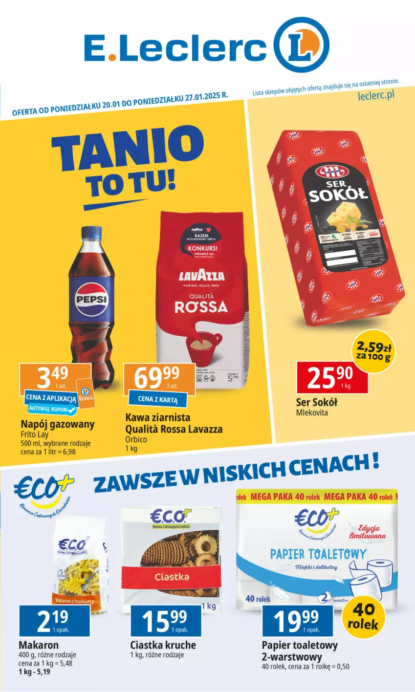 Gazetka promocyjna E Leclerc - ważna 20.01 do 27.01.2025 - strona 1 - produkty: BIC, Ciastka, Kawa, Kawa ziarnista, Lavazza, Makaron, Mleko, Mlekovita, Napój, Napój gazowany, Papier, Papier toaletowy, Ser, Sok, Sokół