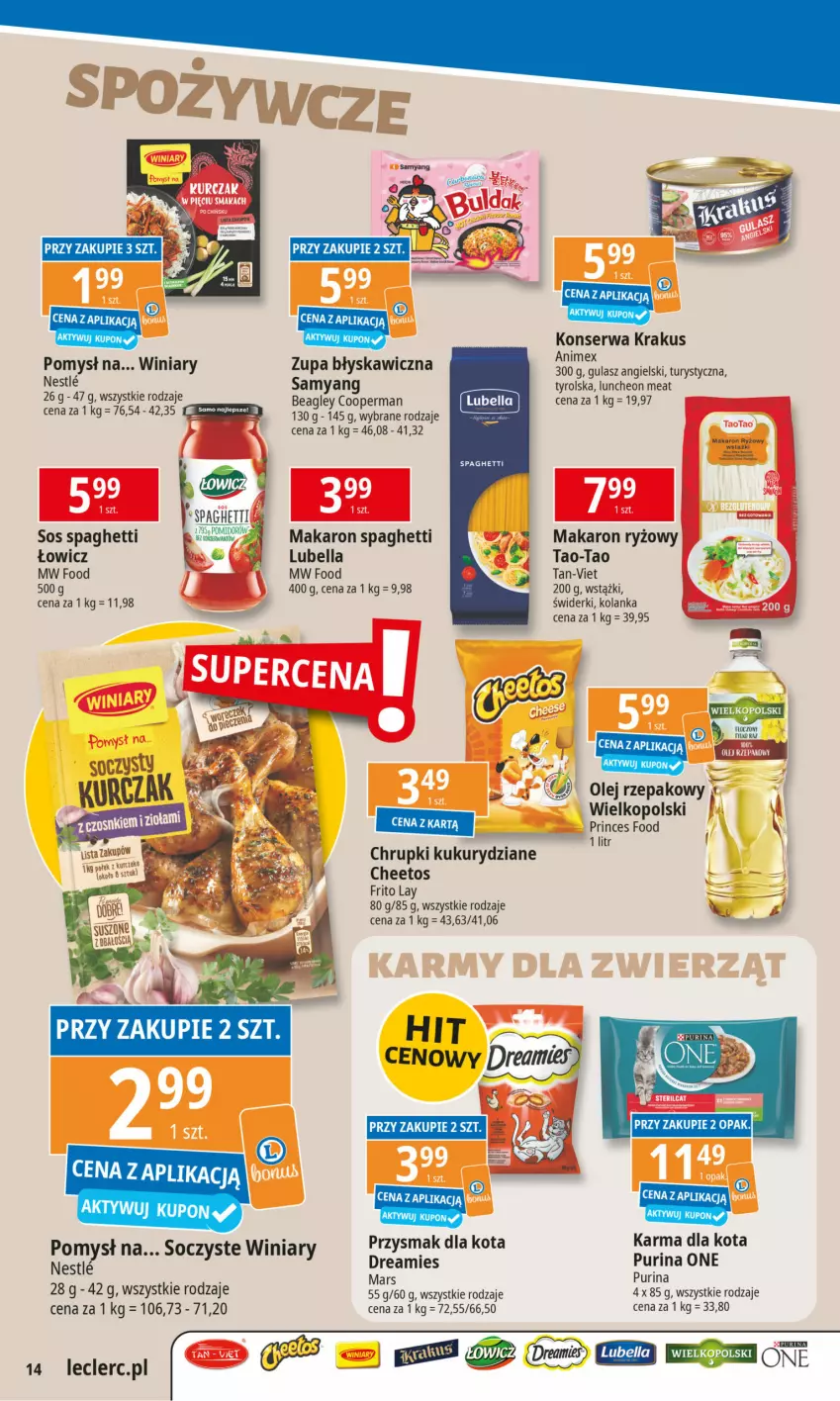 Gazetka promocyjna E Leclerc - ważna 20.01 do 27.01.2025 - strona 14 - produkty: Bell, Bella, Cheetos, Chrupki, Krakus, Lubella, Makaron, Makaron ryżowy, Mars, Olej, Olej rzepakowy, Przysmak dla kota, Pur, Purina, Ryż, Ser, Sos, Spaghetti, Winiary, Zupa