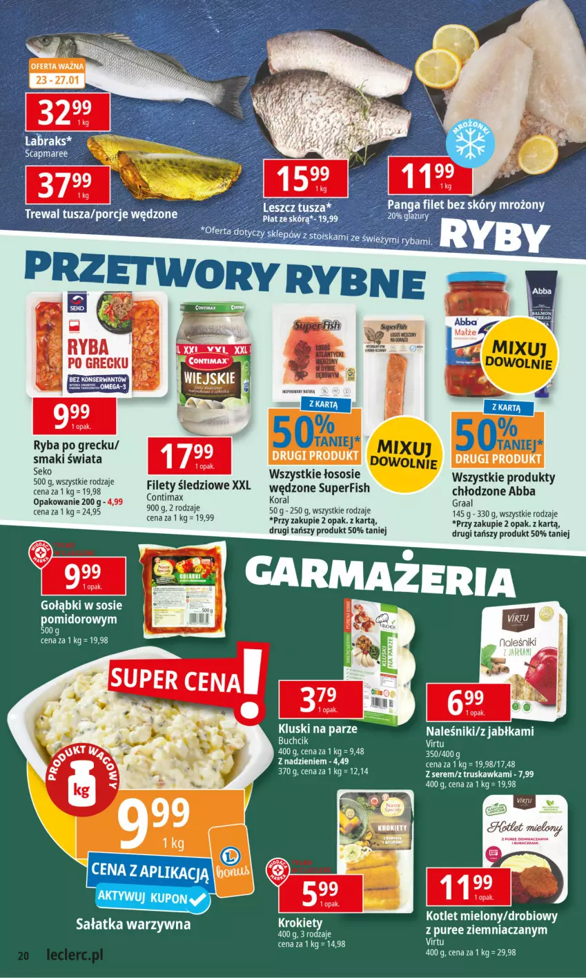 Gazetka promocyjna E Leclerc - ważna 20.01 do 27.01.2025 - strona 20 - produkty: Gra, Graal, Jabłka, Kluski na parze, Kotlet, Naleśniki, Pur, Ryba, Ryba po grecku, Sałat, Sałatka, Sałatka warzywna, SEKO, Ser, Sos