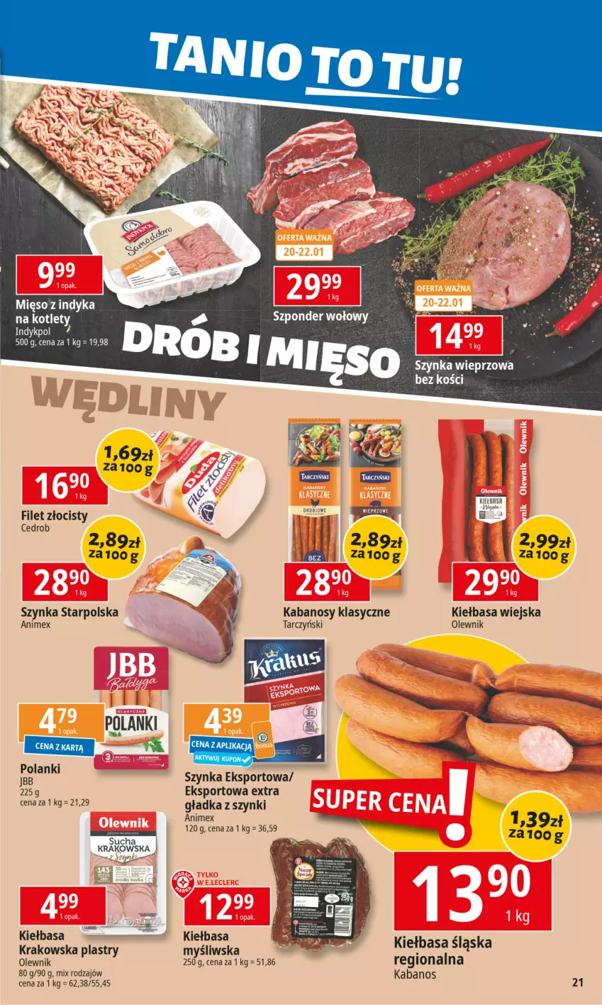 Gazetka promocyjna E Leclerc - ważna 20.01 do 27.01.2025 - strona 21 - produkty: Filet Złocisty, Kabanos, Kiełbasa, Kiełbasa śląska, Kiełbasa wiejska, Kotlet, Lanki, Mięso, Mięso z indyka, Olewnik, Por, Sport, Szynka, Szynka wieprzowa, Tarczyński