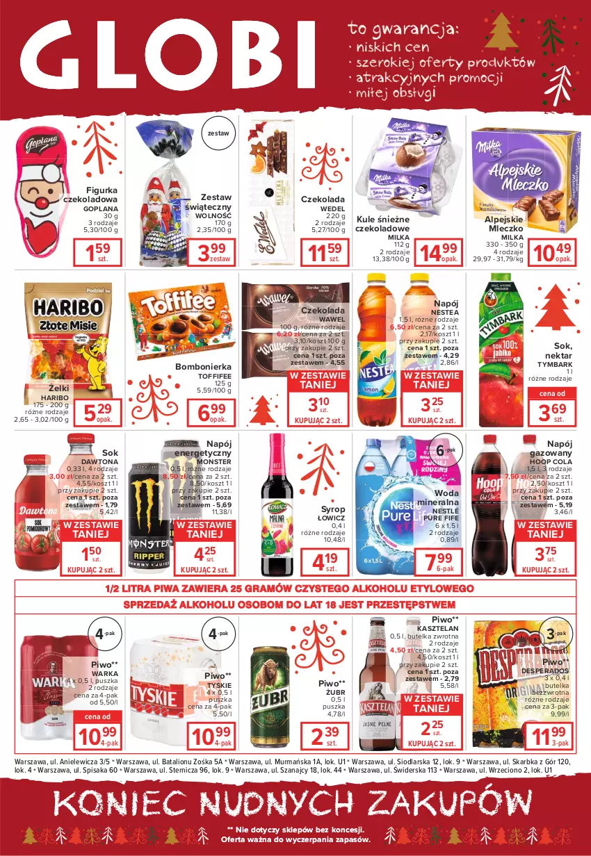 Gazetka promocyjna Carrefour - Gazetka Globi - ważna 07.12 do 13.12.2021 - strona 2 - produkty: Czekolada, Dawtona, Desperados, Goplana, Gra, Haribo, Hoop, Kasztelan, Kosz, LANA, Lion, Milka, Mleczko, Napój, Napój energetyczny, Napój gazowany, Nektar, Nestea, Nestlé, Piwa, Piwo, Pur, Sok, Syrop, Toffifee, Tymbark, Tyskie, Warka, Wawel, Woda, Woda mineralna