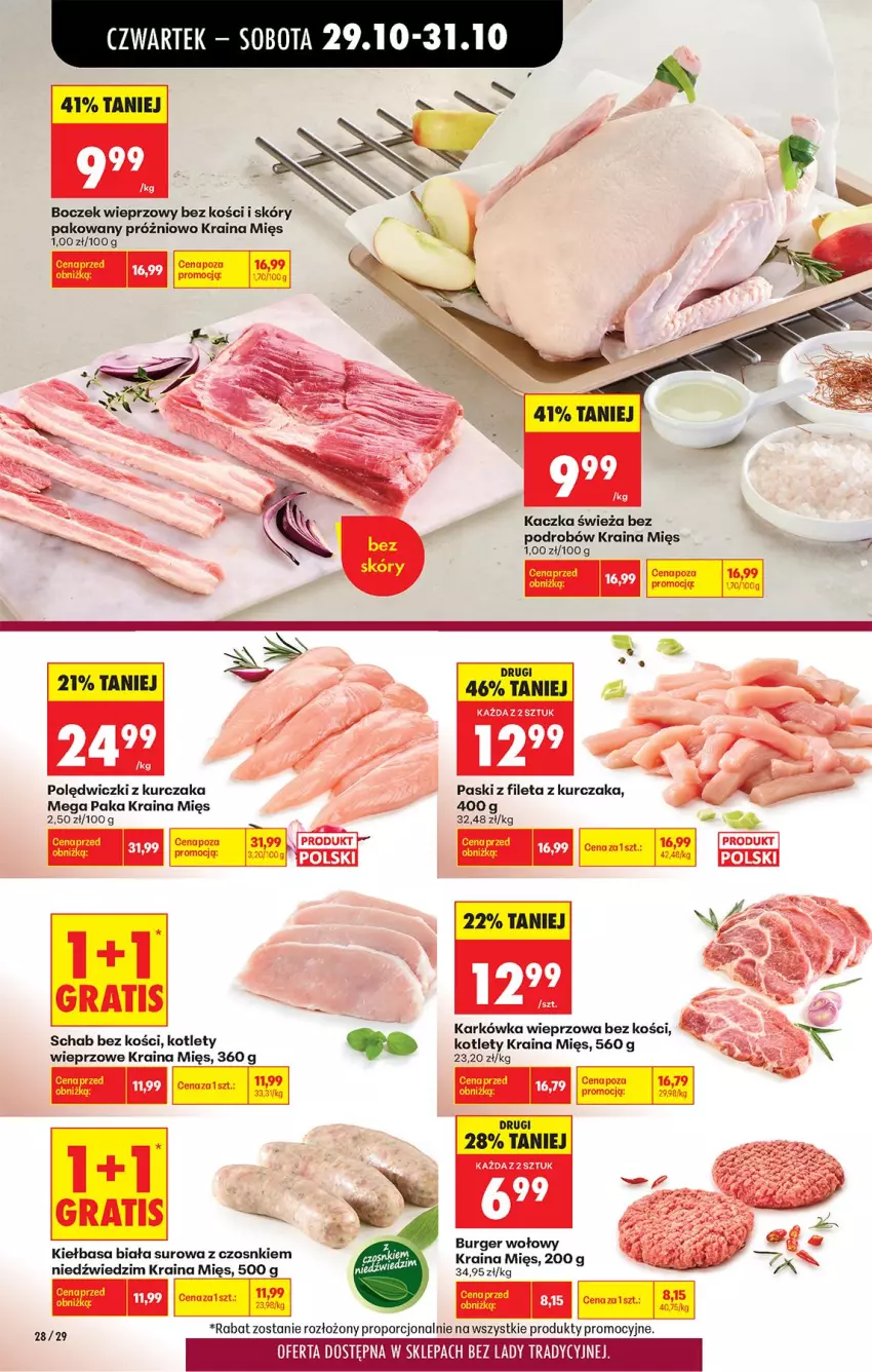 Gazetka promocyjna Biedronka - Od Czwartku - ważna 29.10 do 04.11.2026 - strona 43 - produkty: Boczek, Boczek wieprzowy, Burger, Fa, Gra, Kaczka, Karkówka wieprzowa, Kiełbasa, Kiełbasa biała, Kotlet, Kurczak, Polędwiczki z kurczaka, Por, Schab bez kości