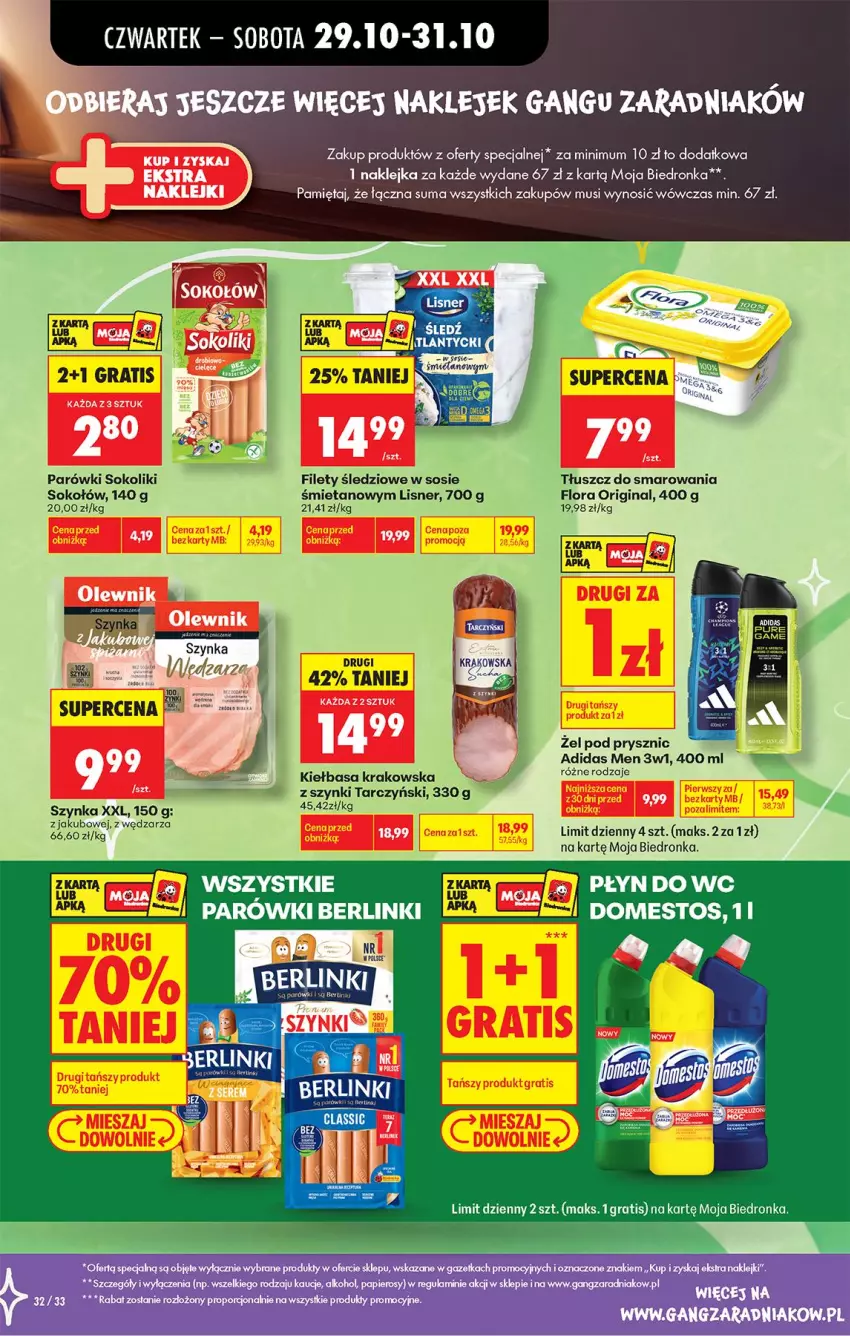 Gazetka promocyjna Biedronka - Od Czwartku - ważna 29.10 do 04.11.2026 - strona 50 - produkty: Adidas, Berlinki, Flora, Gin, Kiełbasa, Klej, Lisner, Mięta, Mus, Parówki, Parówki sokoliki, Sok, Sokołów, Sos, Szynka, Tarczyński