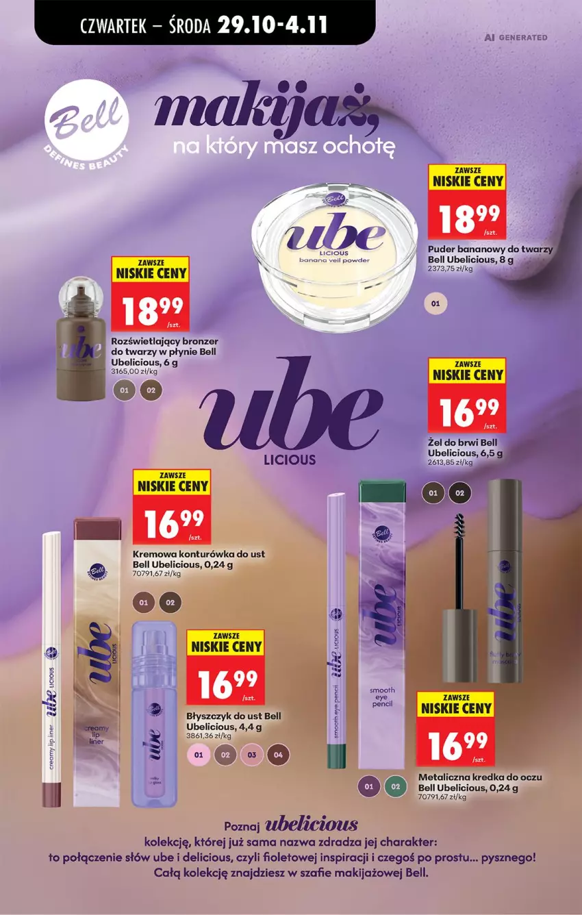 Gazetka promocyjna Biedronka - Od Czwartku - ważna 29.10 do 04.11.2026 - strona 90 - produkty: Bell, Błyszczyk do ust, Bronzer, Konturówka do ust, Kredka, Makijaż, Puder