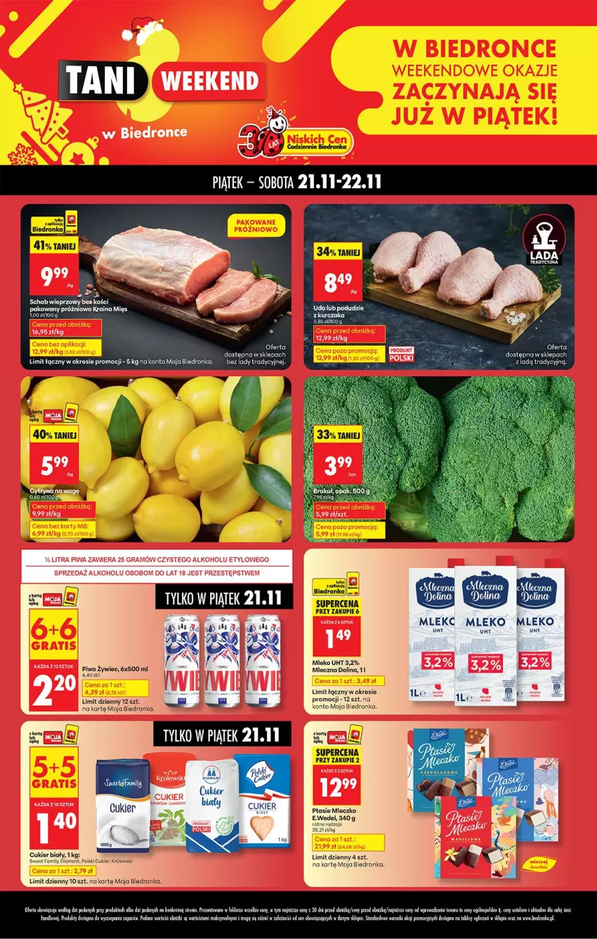 Gazetka promocyjna Biedronka - Tani Weekend - ważna 21.11 do 22.11.2025 - strona 1 - produkty: Cukier, Diamant, E. Wedel, Fa, Gra, Królewski, Kurczak, Mleczko, Mleko, Piwa, Piwo, Ptasie mleczko