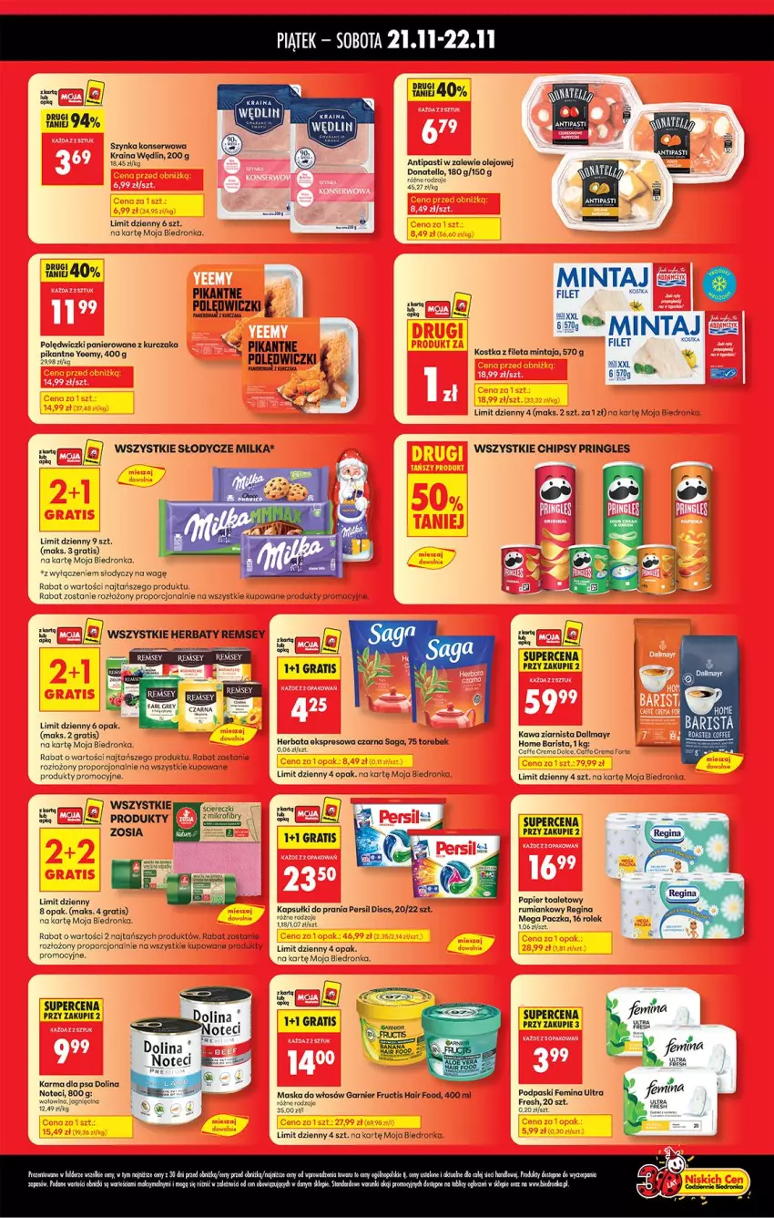 Gazetka promocyjna Biedronka - Tani Weekend - ważna 21.11 do 22.11.2025 - strona 2 - produkty: Chipsy, Dallmayr, Earl Grey, Fa, Fructis, Garnier, Gin, Gra, Herbata, Kapsułki do prania, Kawa, Kawa ziarnista, Kurczak, Maska, Maska do włosów, Milka, Mintaj, Olej, Papier, Papier toaletowy, Persil, Podpaski, Polędwiczki panierowane, Por, Pringles, Rama, Rum, Saga, Ser, Sos, Szynka, Szynka konserwowa, Wołowina