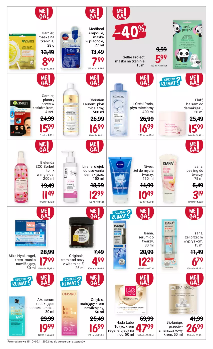 Gazetka promocyjna Rossmann - 15 października - ważna 15.10 do 02.11.2022 - strona 7 - produkty: Bielenda, Garnier, Gin, Hada Labo Tokyo, Isana, Krem nawilżający, Krem pod oczy, Krem regenerujący, L’Oréal, Laur, Lirene, Makijaż, Mars, Maska, Maska w płachcie, Mixa, Nivea, Olej, Peeling, Płyn micelarny, Rum, Ser, Serum, Serum do twarzy, Tonik