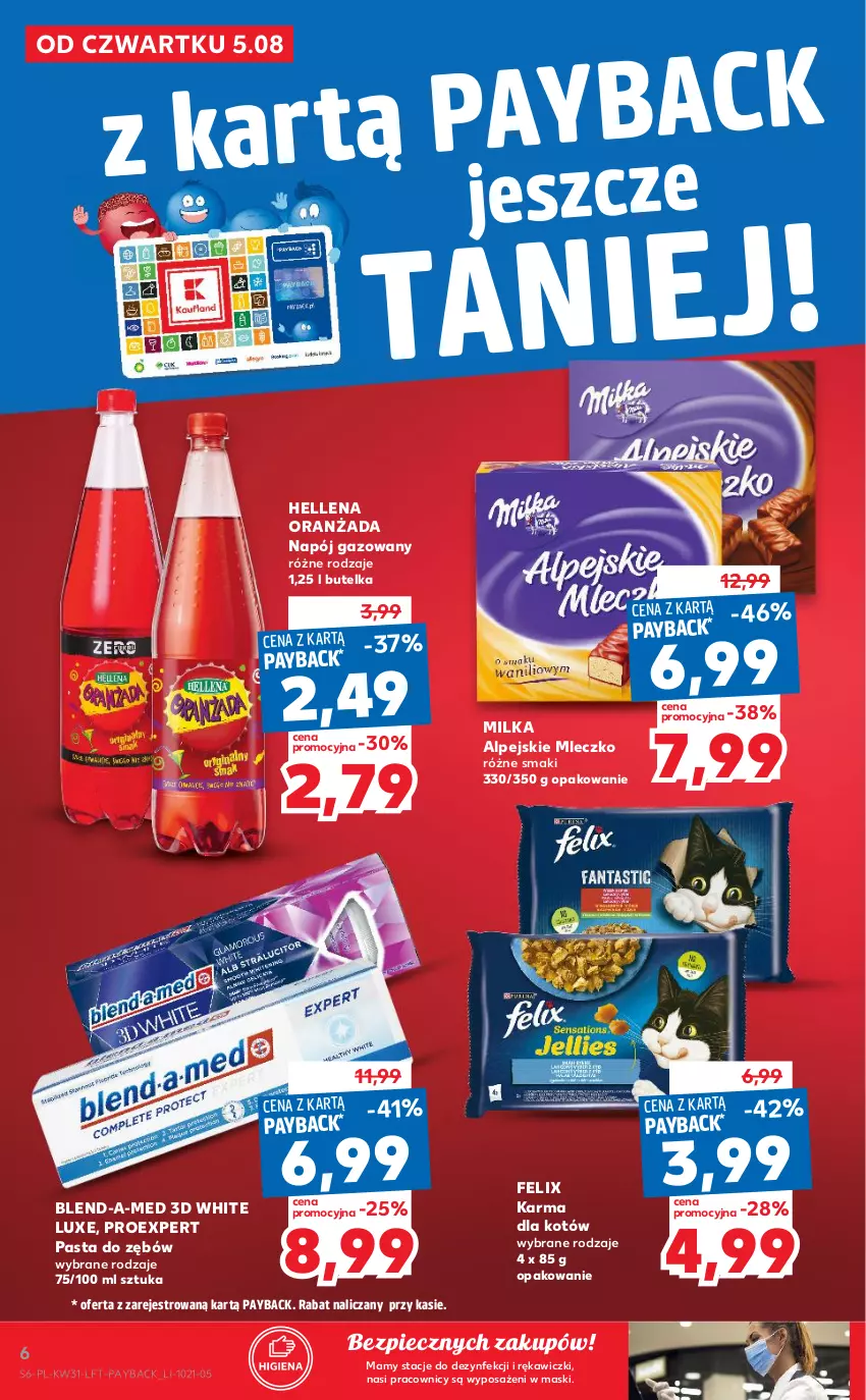 Gazetka promocyjna Kaufland - OFERTA TYGODNIA - ważna 05.08 do 11.08.2021 - strona 6 - produkty: Blend-a-Med, Felix, Hellena, Milka, Mleczko, Napój, Napój gazowany, Oranżada, Pasta do zębów, Piec