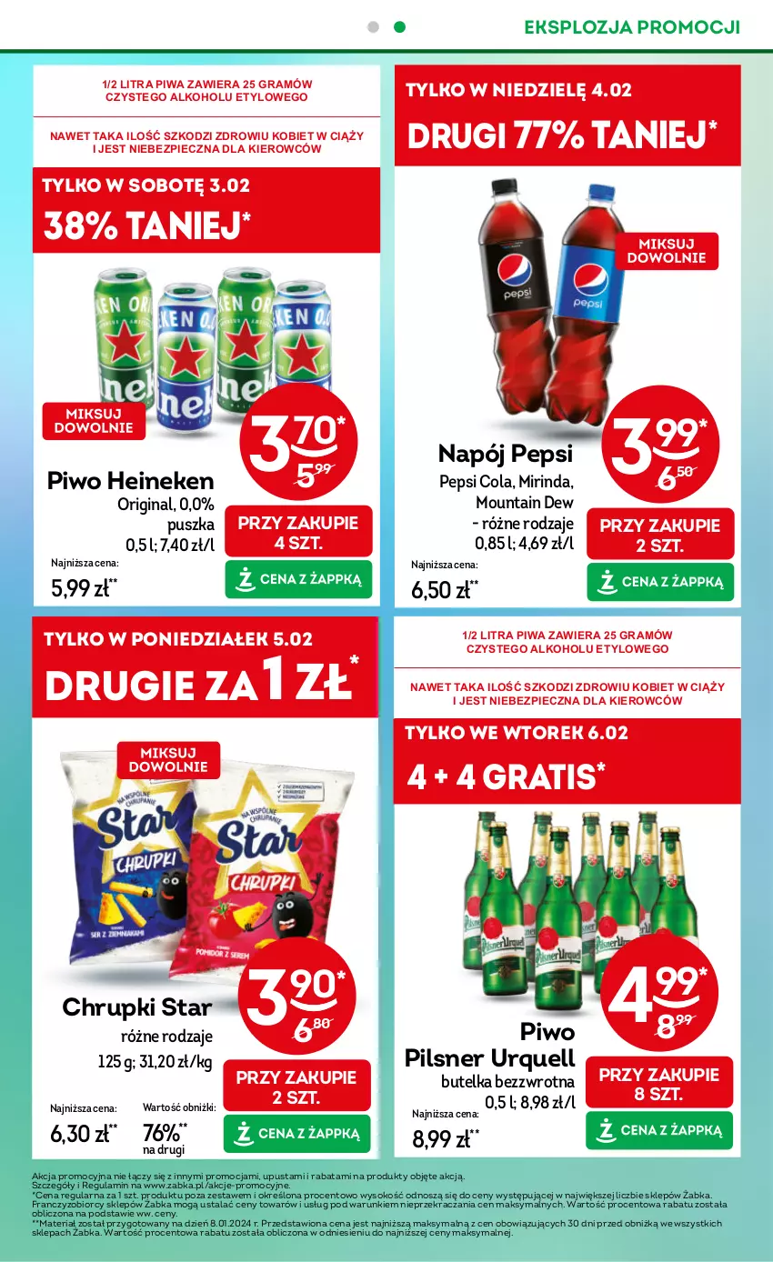 Gazetka promocyjna Żabka - ważna 31.01 do 13.02.2024 - strona 5 - produkty: Chrupki, Gin, Gra, Heineken, Mirinda, Napój, Pepsi, Piec, Pilsner Urquell, Piwa, Piwo, Sok