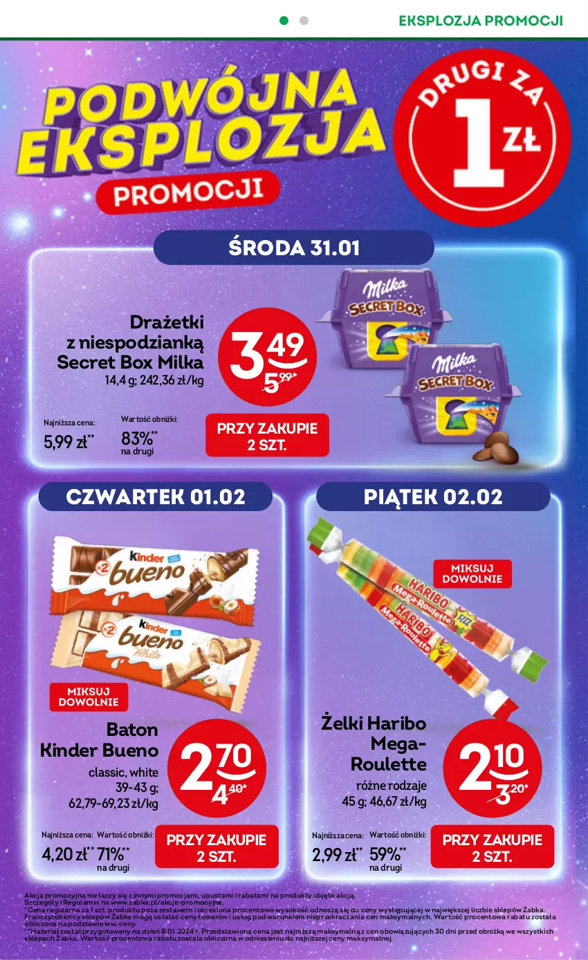 Gazetka promocyjna Żabka - ważna 31.01 do 13.02.2024 - strona 6 - produkty: Baton, Haribo, Kinder, Kinder Bueno, Milka, Sok