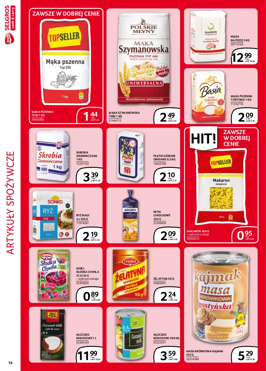 Gazetka promocyjna Selgros - Extra Oferta - ważna 01.09 do 30.09.2021 - strona 16 - produkty: Artykuły spożywcze, Kisiel, Kokos, Mąka, Mąka pszenna, Makaron, Masa krówkowa, Mleczko, Ryż, Ryż biały, Skrobia ziemniaczana, Słodka Chwila