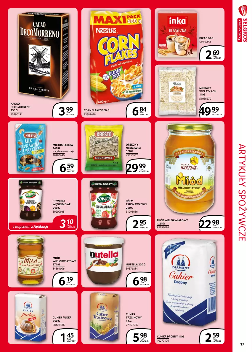 Gazetka promocyjna Selgros - Extra Oferta - ważna 01.09 do 30.09.2021 - strona 17 - produkty: Artykuły spożywcze, Corn flakes, Cukier, Cukier puder, Cukier trzcinowy, Dżem, Inka, Kakao, Migdały, Miód, Nutella, Puder