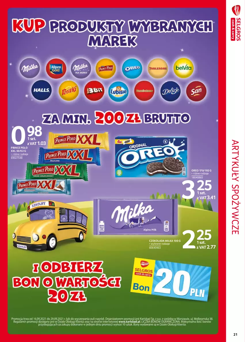 Gazetka promocyjna Selgros - Extra Oferta - ważna 01.09 do 30.09.2021 - strona 21 - produkty: Artykuły spożywcze, Czekolada, Milka, Oreo, Prince Polo