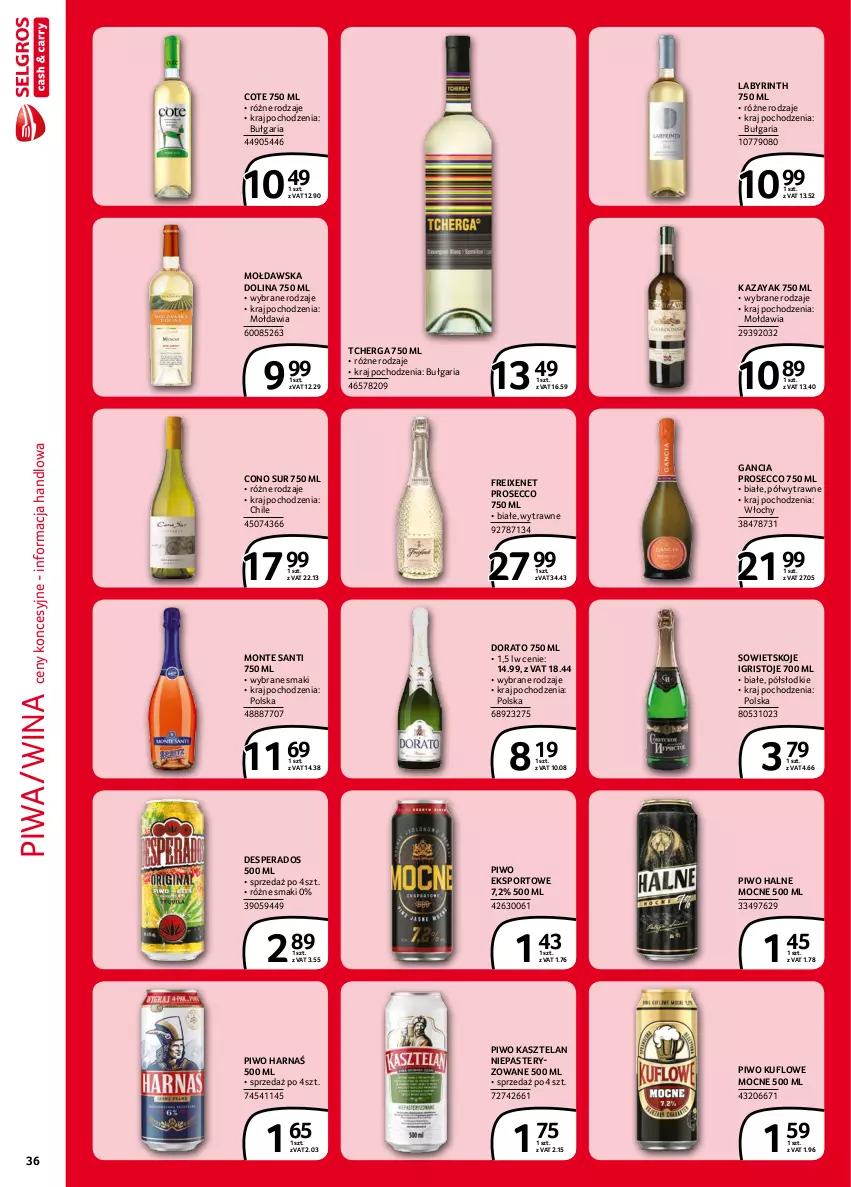 Gazetka promocyjna Selgros - Extra Oferta - ważna 01.09 do 30.09.2021 - strona 36 - produkty: Desperados, Gancia, Harnaś, Kasztelan, Monte, Monte Santi, Piwa, Piwo, Por, Prosecco, Sowietskoje Igristoje, Sport