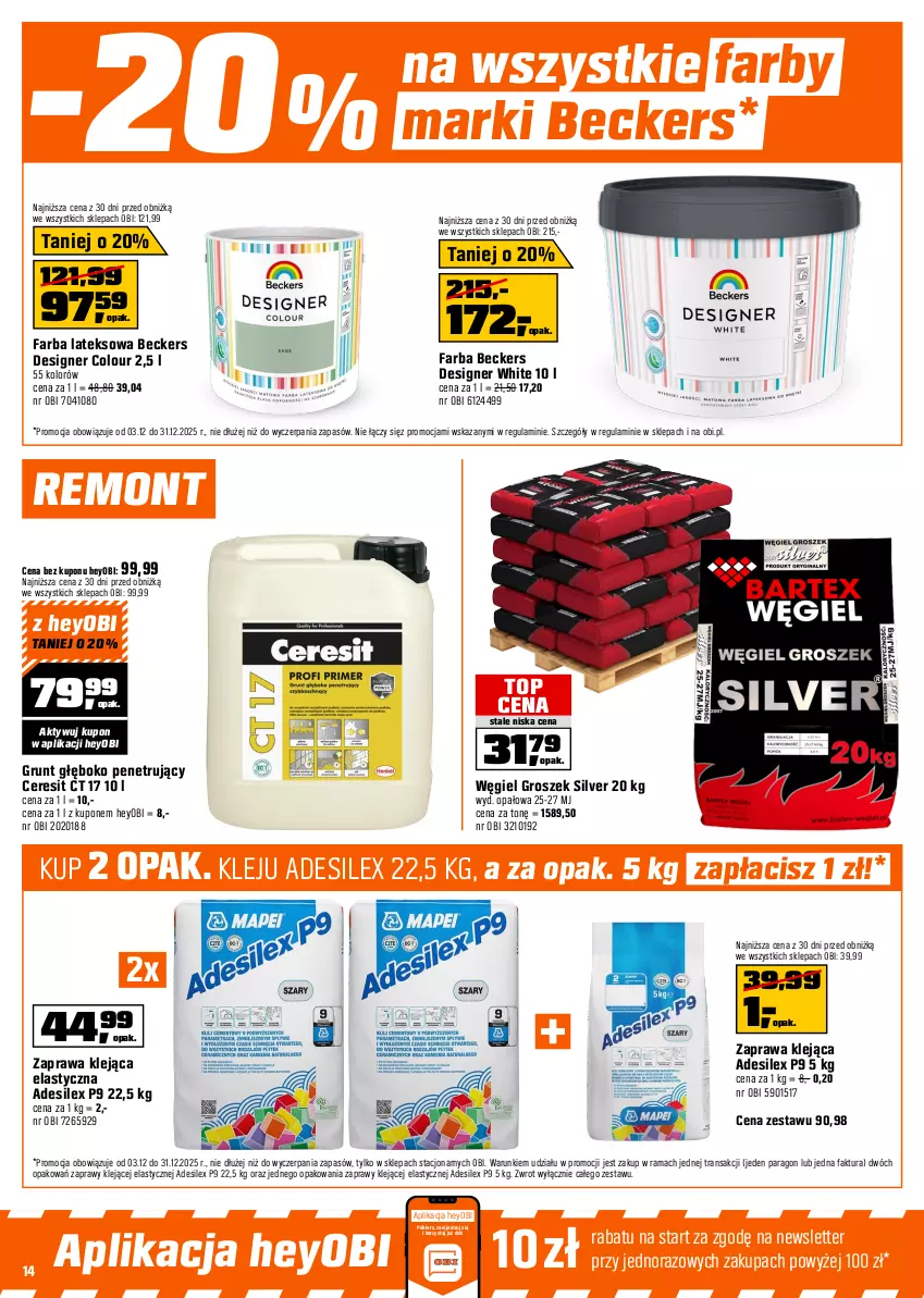 Gazetka promocyjna Obi - Gazetka OBI - ważna 03.12 do 31.12.2025 - strona 14 - produkty: Beckers, Ceresit, Designer Colour, Fa, Farba lateksowa, Groszek, Grunt, Kärcher, Klej, Kompresor, Kompresor olejowy, Naświetlacz, Naświetlacz LED, Odkurzacz, Olej, Pistolet, Por, Przewód, Rama, Top, Tran, Walizka