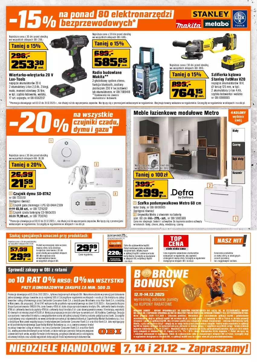 Gazetka promocyjna Obi - Gazetka OBI - ważna 03.12 do 31.12.2025 - strona 16 - produkty: Akumulator, Fa, Głośnik, Hobby, Kosz, Makita, Meble, Meble łazienkowe, Metro, Olej, Ser, Silan, Sok, Sprzedawcy, Szafka, Szlifierka, Szlifierka kątowa, Tarka, Top, Uchwyty, Umywalka, Walizka, Warka, Wkręt, Wkrętarka