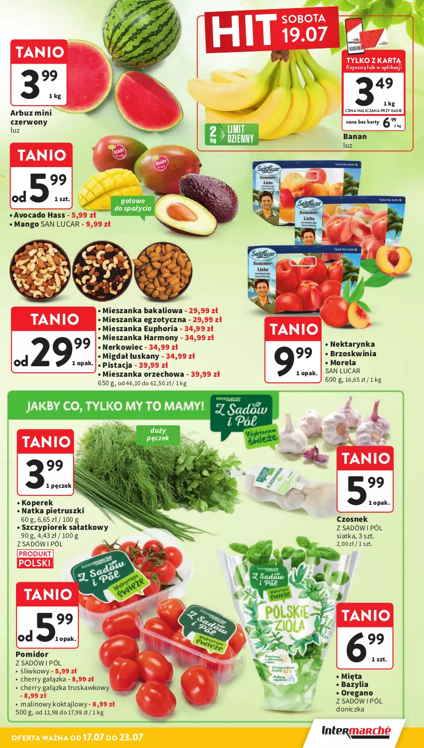 Gazetka promocyjna Intermarche - Gazetka promocyjna - ważna 17.07 do 23.07.2025 - strona 14 - produkty: Arbuz, Avocado, Bazyl, Bazylia, Czosnek, Mango, Mieszanka bakaliowa, Mieszanka orzechowa, Mięta, Morela, Natka pietruszki, Nektar, Nektarynka, Sałat, Siatka