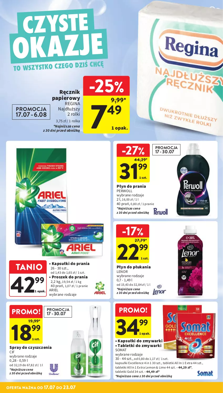 Gazetka promocyjna Intermarche - Gazetka promocyjna - ważna 17.07 do 23.07.2025 - strona 35 - produkty: Ariel, Cif, Gin, Kapsułki do prania, Lenor, Papier, Perwoll, Płyn do płukania, Płyn do prania, Proszek do prania, Ręcznik, Rolki, Somat, Spray do czyszczenia, Tablet, Tabletki do zmywarki, Zmywarki