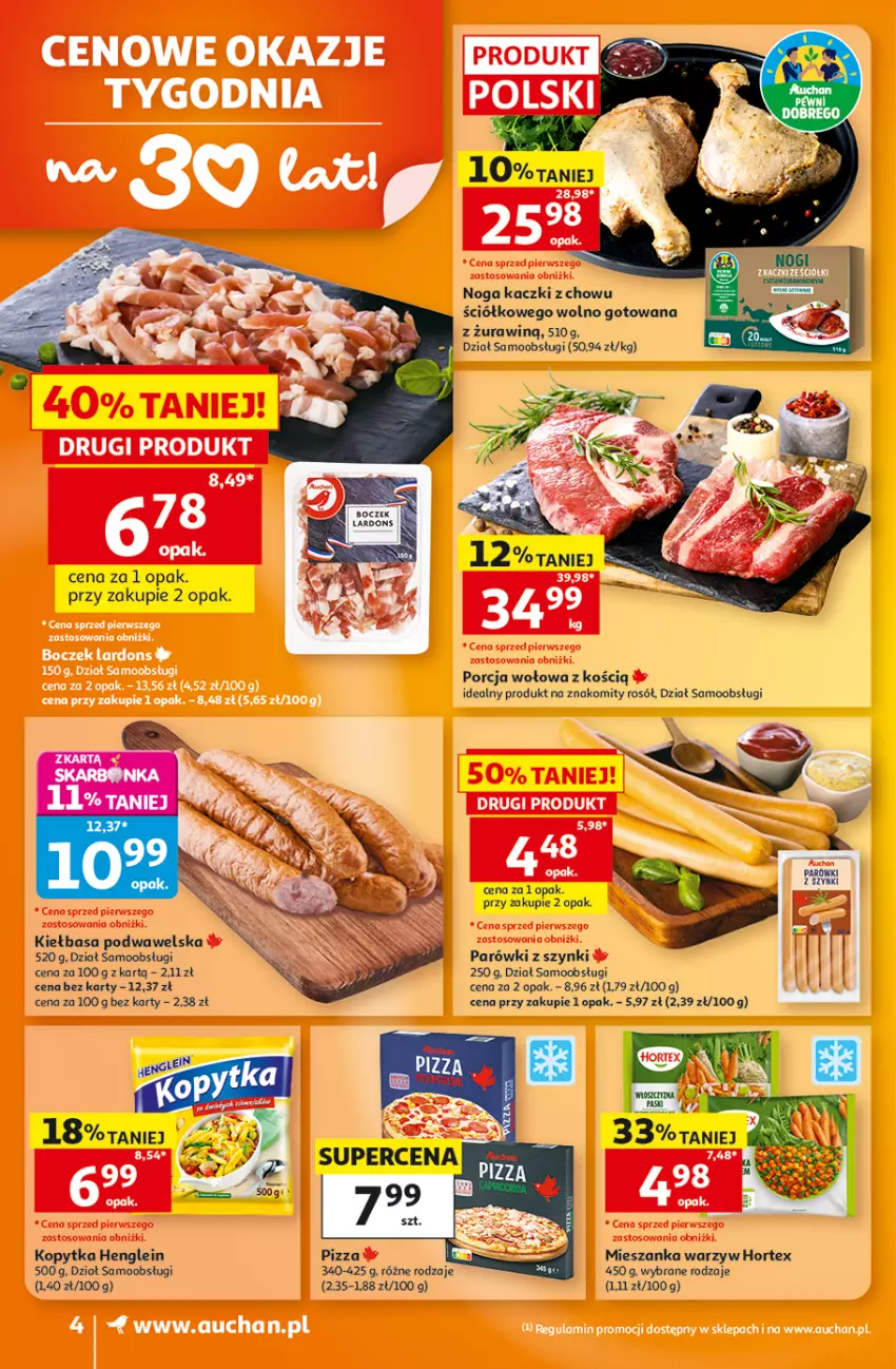 Gazetka promocyjna Auchan - 30 Lat Supermarket - ważna 29.10 do 04.11.2026 - strona 4 - produkty: Hortex, Kiełbasa, Kiełbasa podwawelska, Kopytka, Mieszanka warzyw, Parówki, Parówki z szynki, Pizza, Por, Rosół, Wawel